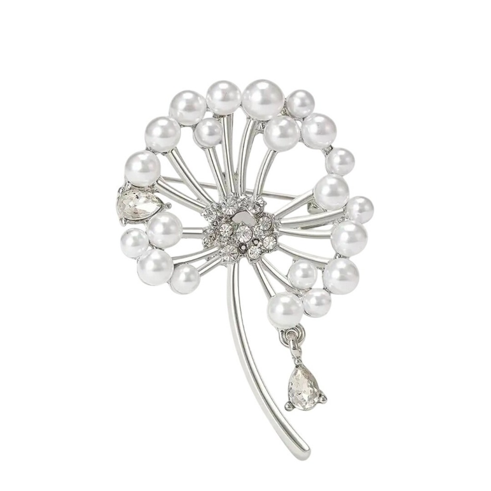 Silver Dandelion Pearl Brooch Pin Rhinestone‎ Crystal Women Fashion Accessory